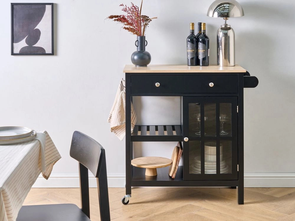 Carrello da cucina in MDF bianco con ripiano in legno chiaro Scaffali per armadietto con rotelle Cassettiera scandinava