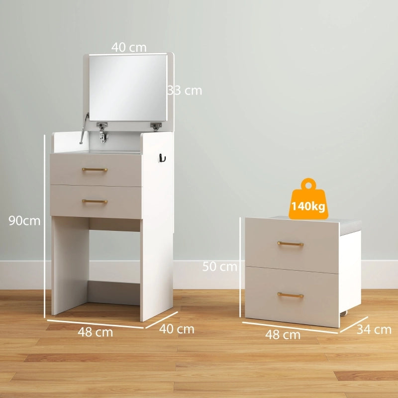Tavolo da trucco 3 in 1 con specchio, comodino, sgabello con ruote, cassetti, bianco