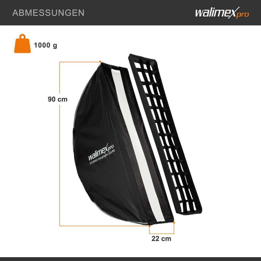 Studio Striplight Softbox 22x90cm + adattatore softbox per Hensel Expert, ruotabile a 360°, facile da montare grazie alla funzione ombrello, include griglia, maschera