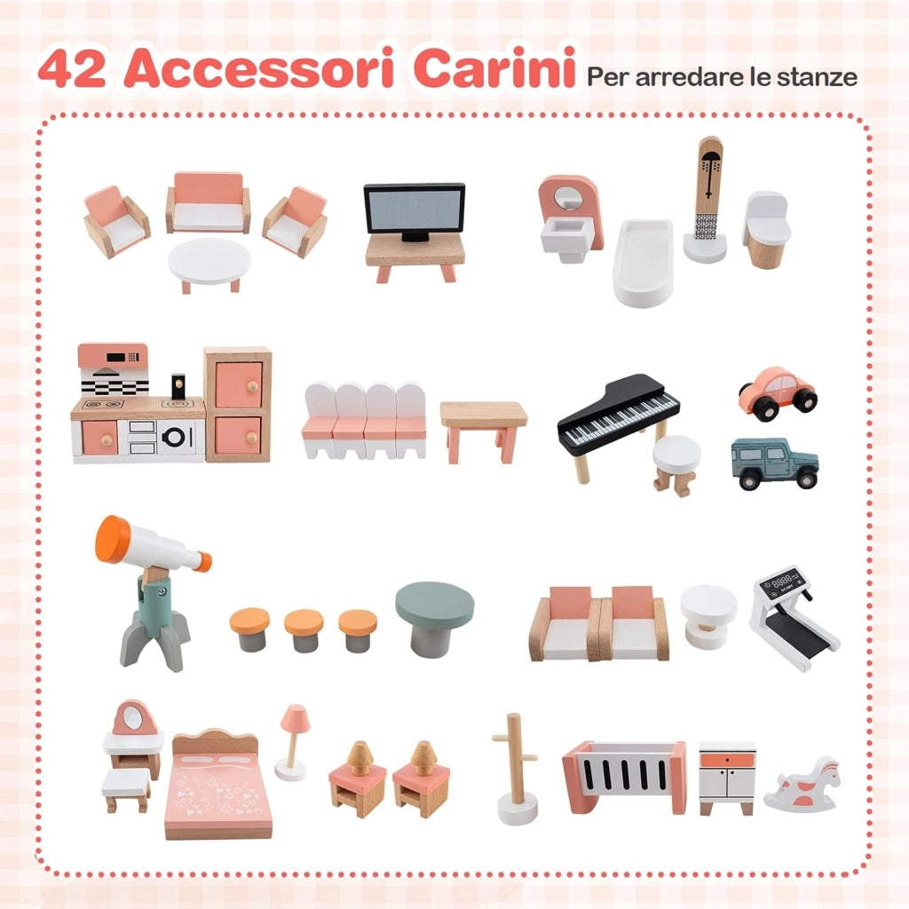 Casa delle Bambole in Legno, Casetta delle Bambole a 3 Piani con 41 Mobili e Accessori, Giocattolo per Bambini 3+ Anni,107 x 82,5 x 94,5 cm (Arancione)