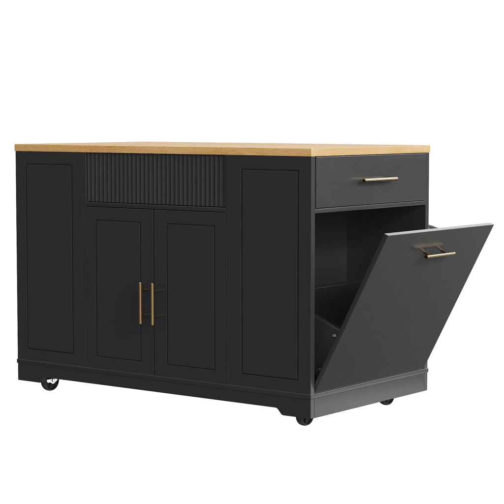 OKWISH Carrello da cucina con 2 ante, 3 cassetti, vano per pattumiera e 5 ruote, per cucina, MDF nero, 120x50x92 cm