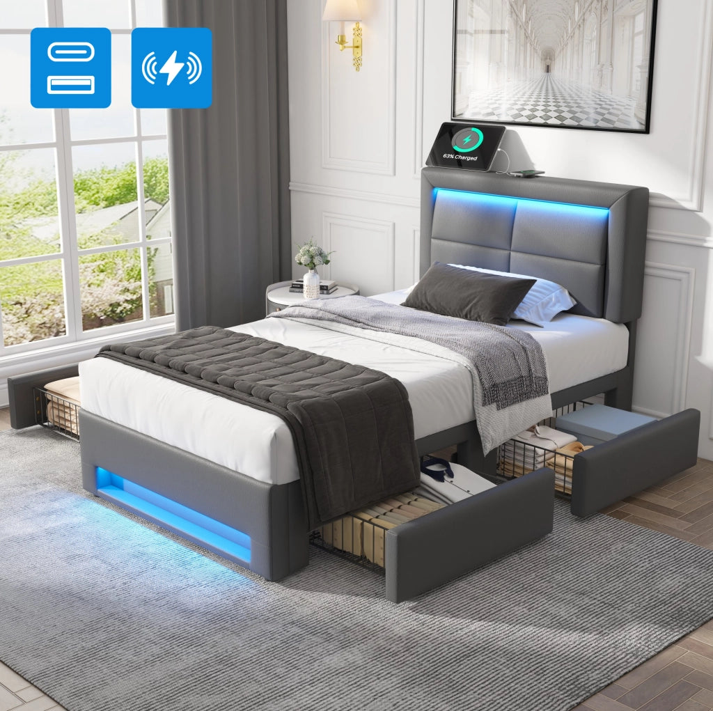 Letto imbottito 90x200 cm in PU grigio con USB; illuminazione LED e 4 cassetti
