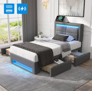 Letto imbottito 90x200 cm in PU grigio con USB; illuminazione LED e 4 cassetti