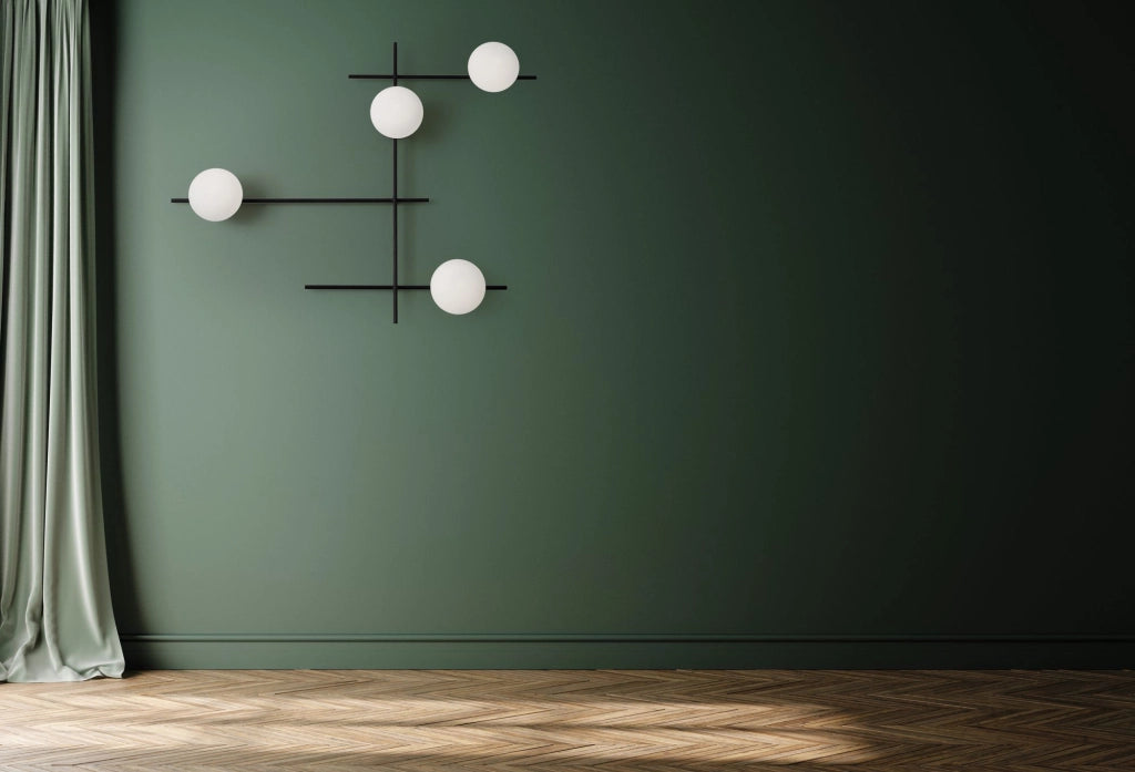 MIKADO LAMPADA DA PARETE O SOFFITTO 4 LUCI  IN METALLO NERO E VETRO SOFFIATO BIANCO D.14CM ATTACCO G9