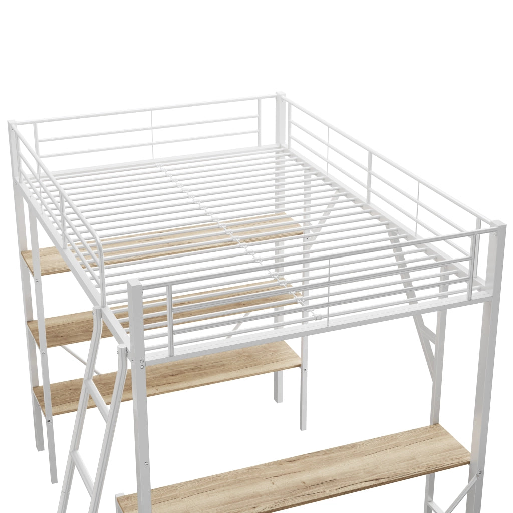 Letto a castello bianco con scrivania e tre ripiani in metallo e MDF 90x200 cm