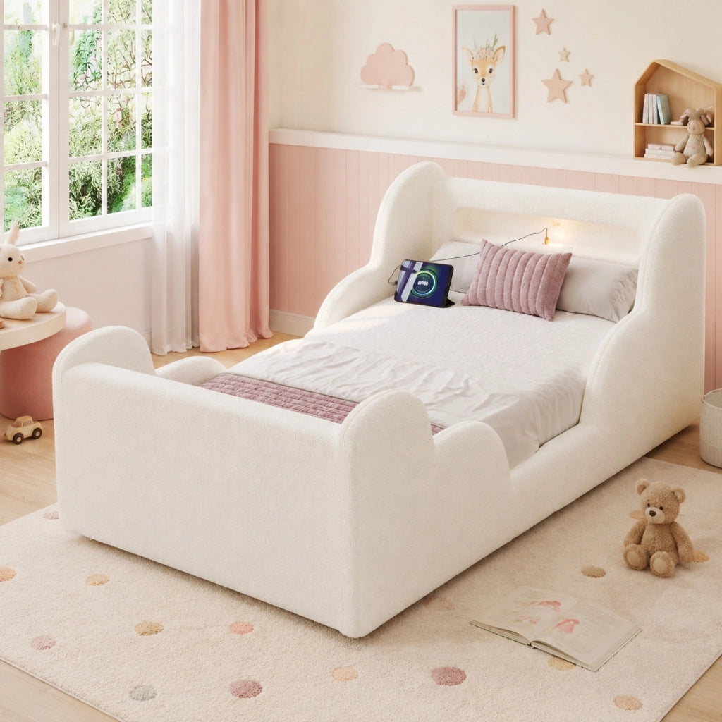Letto singolo 90x200 cm in bouclé beige con sponde imbottite; luce notturna e porte USB/Type-C