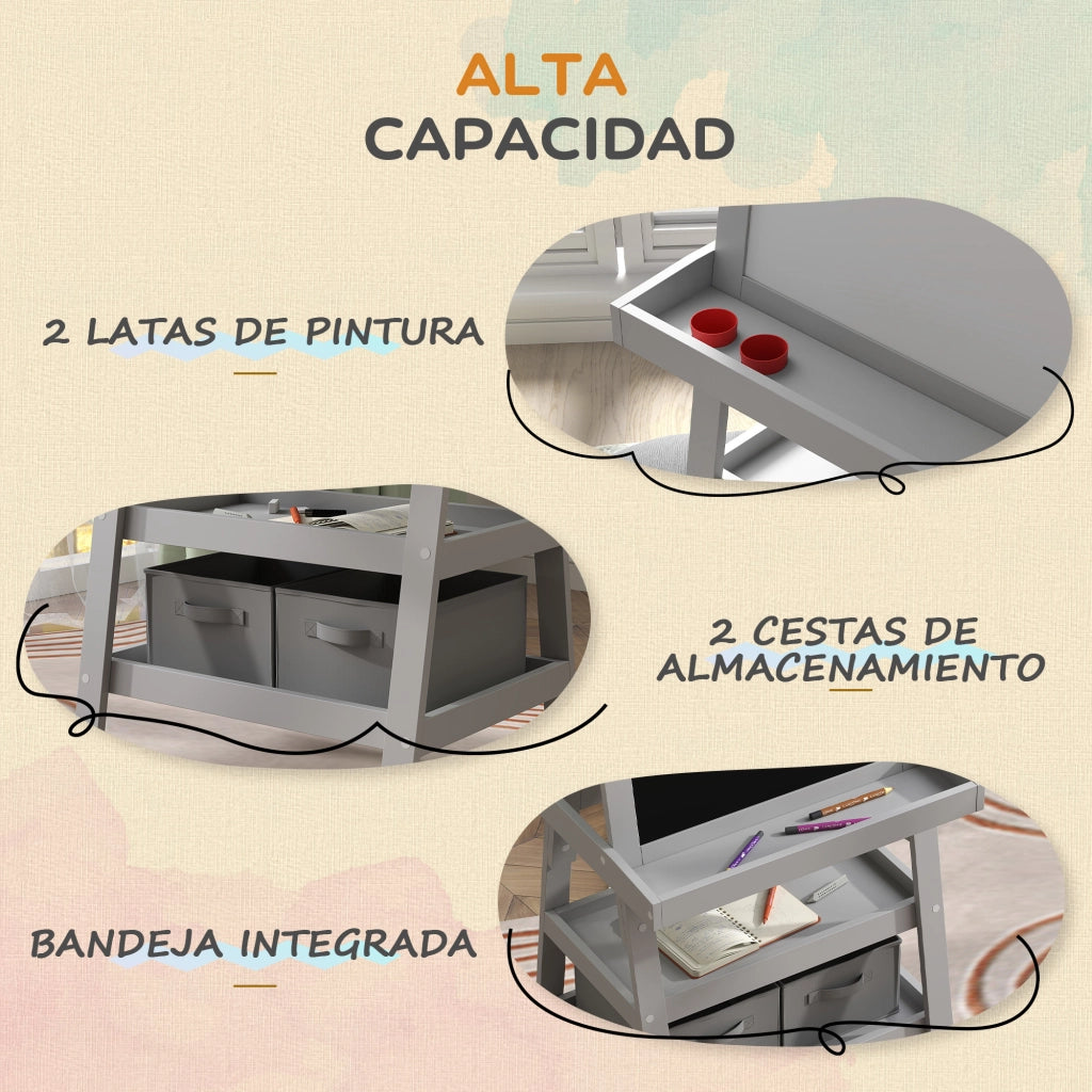 Tavolo da Disegno per Bambini 3 in 1 con Lavagna e Cestino ¨C Zephmum ¨C Grigio