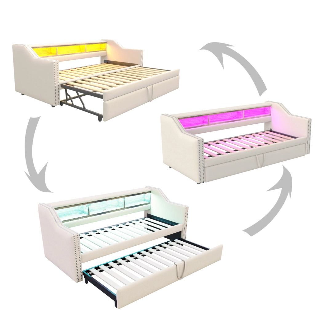Divano letto imbottito estraibile 90/180 x 190 cm con LED; USB; rete a doghe e 2 materassi beige