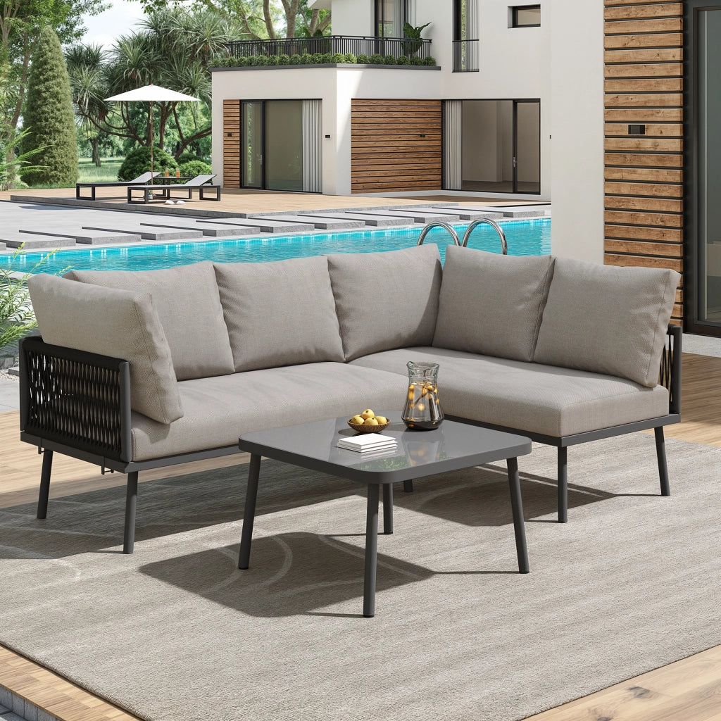 Set Lounge da Giardino Angolare ¨C MINIMAL ¨C Divano 2 Posti, Tavolo, Corda Grigia, Cuscini