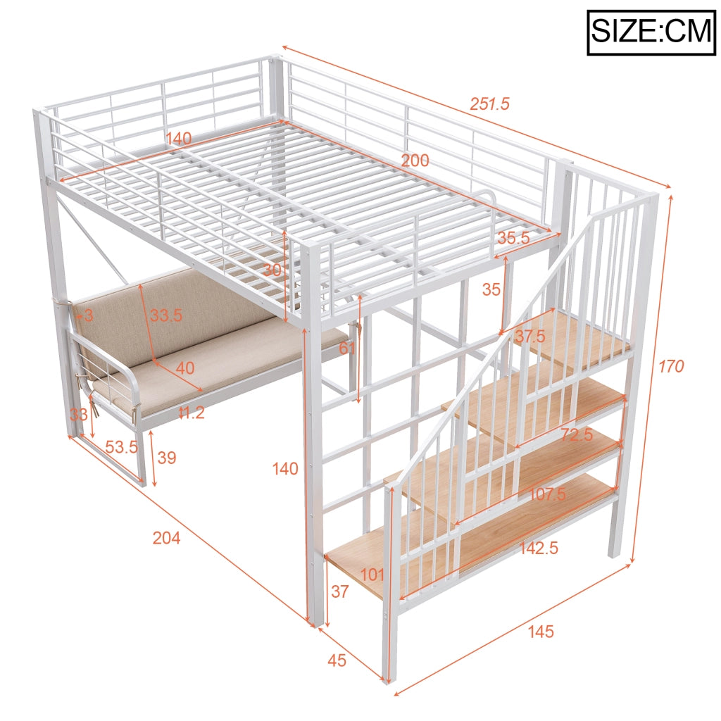 Letto a castello 140 × 200 cm con divano imbottito, scala con contenitore, senza materasso, bianco