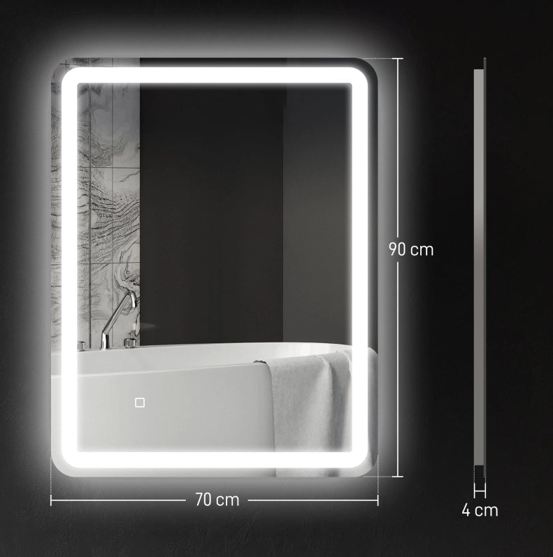 Specchio da bagno ULEVR 70x90 cm con LED touch, antiappannamento, luce dimmerabile a 3 tonalit¨¤, argento