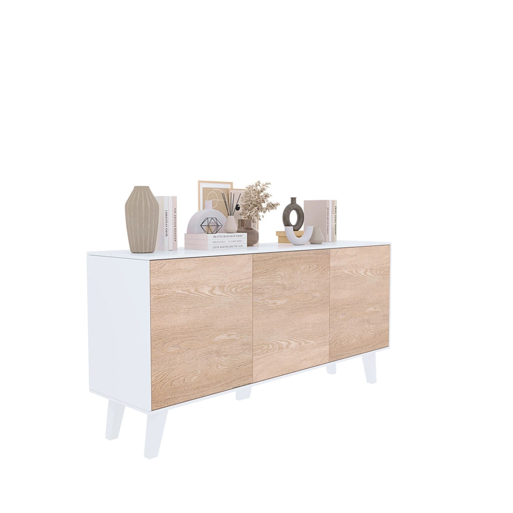 Mobiletto Credenza Da Soggiorno Con 3 Ante Ideale Per Salotto Ingresso E Sala Da Pranzo 154 X 41 X 75 Cm Bianco Lucido Rovere Chiaro