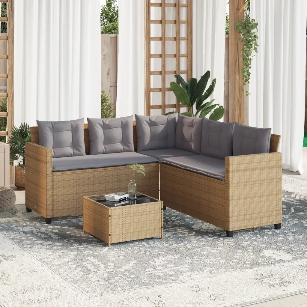 Divano da Giardino con Tavolo e Cuscini a L Beige in Polyrattan 369042