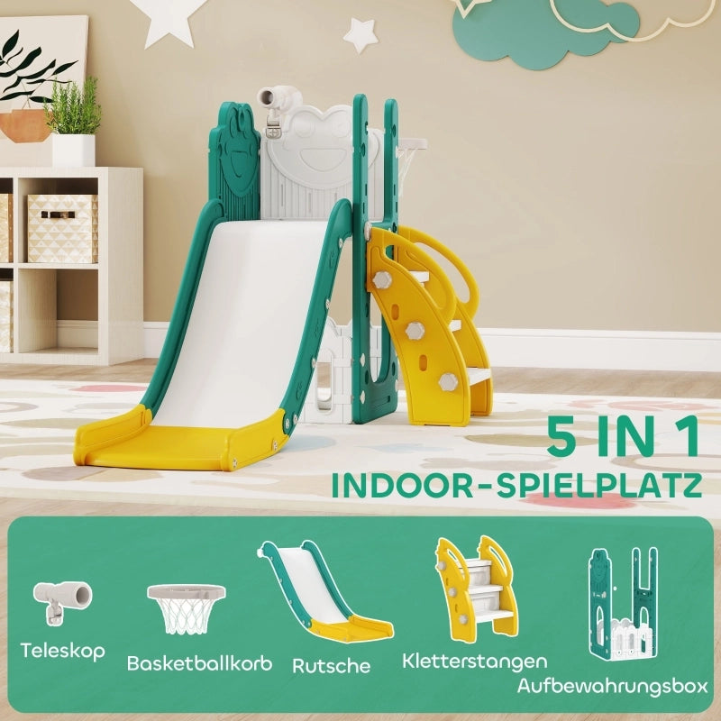 Set di scivoli 5 in 1 per bambini, telescopico, con canestro da basket, in plastica, giallo+verde