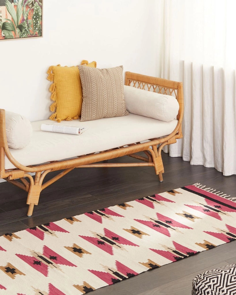 Tappeto Kilim in cotone tessuto a mano reversibile con motivo geometrico e nappe multicolore 80 x 300 cm soggiorno camera da letto