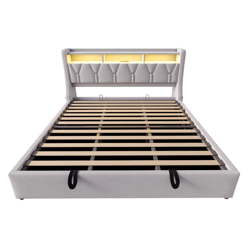Letto Imbottito Contenitore 180x200 ¨C MINIMAL ¨C Velluto Grigio Chiaro, LED, Idraulico, Testiera con Presa