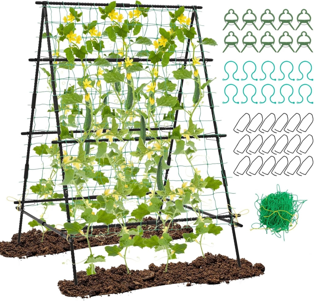 Traliccio da Giardino per Piante Rampicanti, Grigliato da Giardino con Rete, Pali in Metallo Rivestiti, Fili Intrecciati e Clip, Supporto per Viti Rampicanti, Verdure e Uva