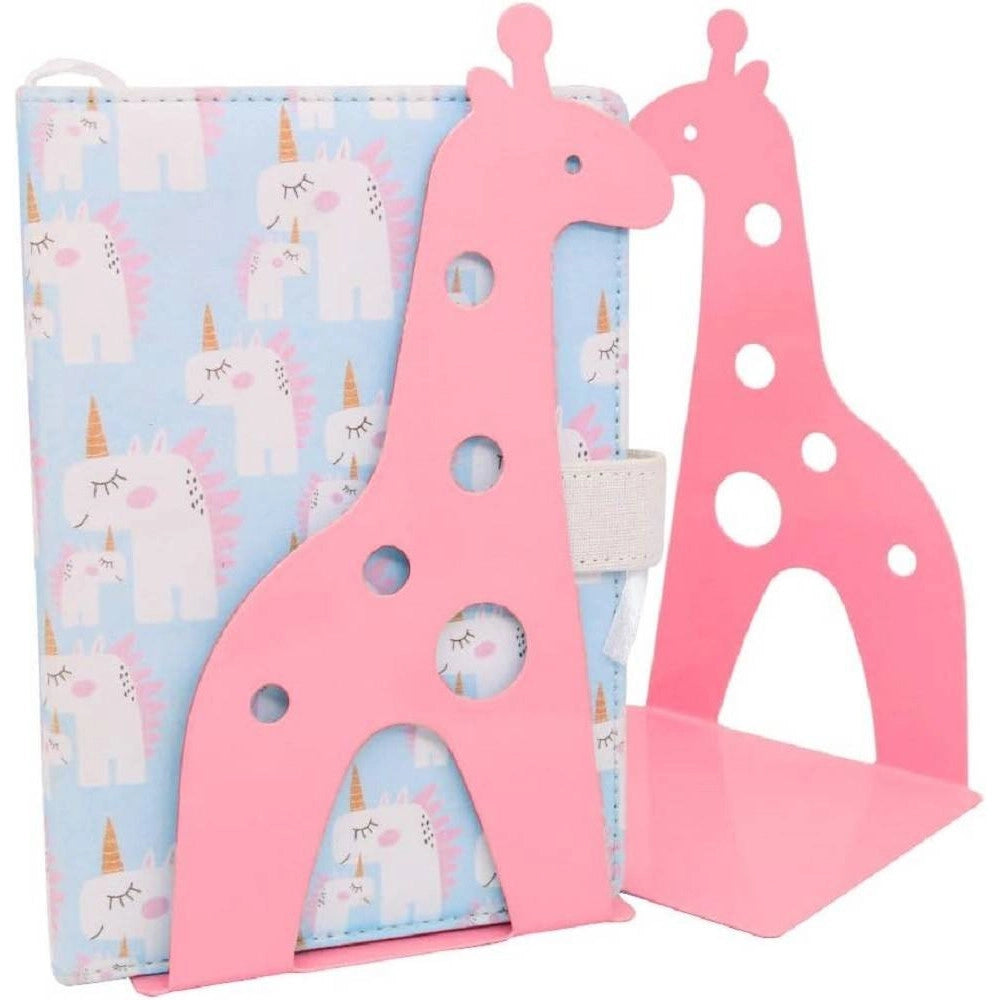 Trade Shop - Set 2pz Grazioso Ferma Libri A Forma Di Giraffa In Metallo Scrivania Bambini Rosa -
