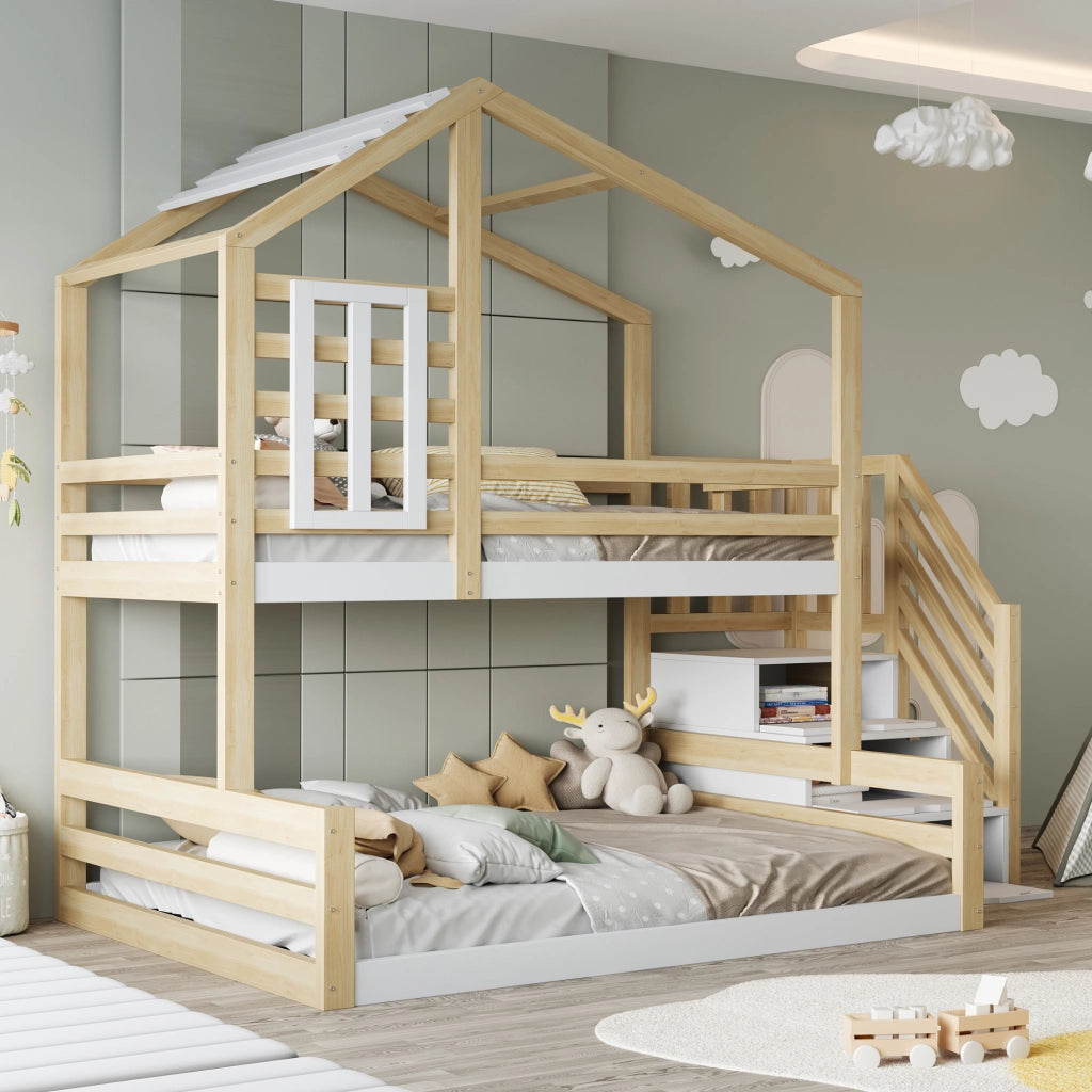 LETTO A CASTELLO 90x200 cm in pino e MDF naturale con scala contenitore