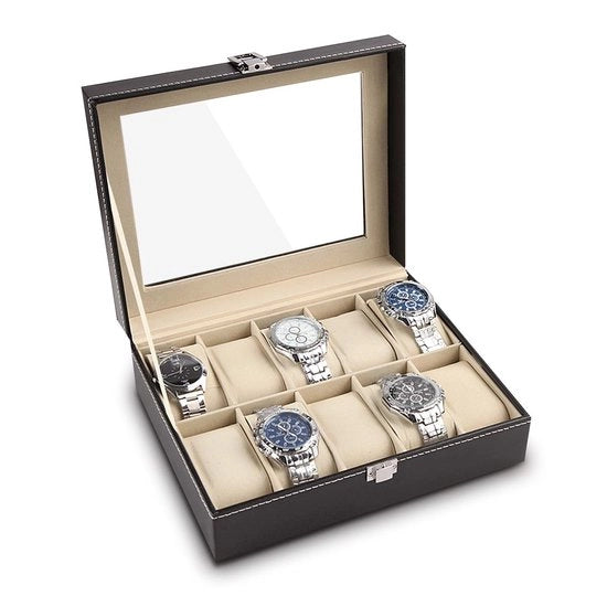 Cassaforte per orologi 10 compartimenti - cassa per orologi - rivestimento PU - coperchio in vetro - imbottitura morbida - ampio spazio per orologi più grandi