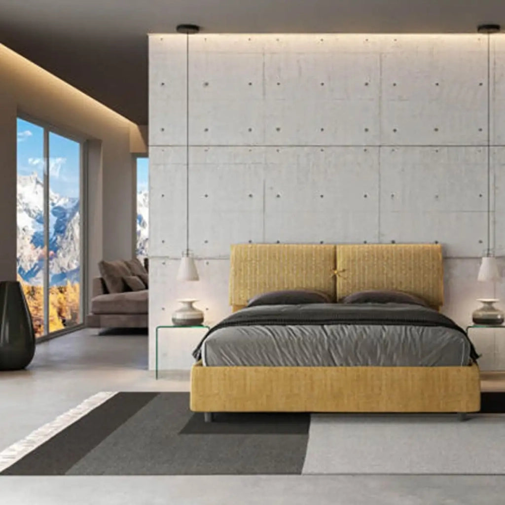 Letto matrimoniale con rete imbottito 160x190 tessuto Aragona 3 giallo Mados