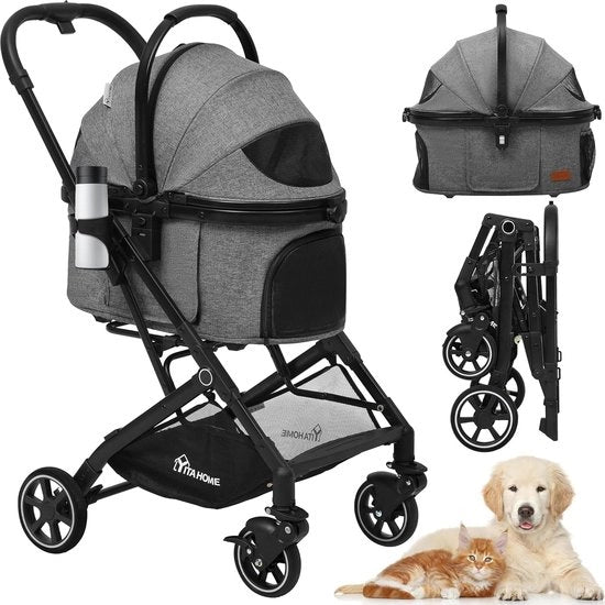 Carriolo per gatti 3 in 1 pieghevole - Grigio - Porta bambini rimovibile - Borsa per acqua - Sedile per auto Carriolo per cani
