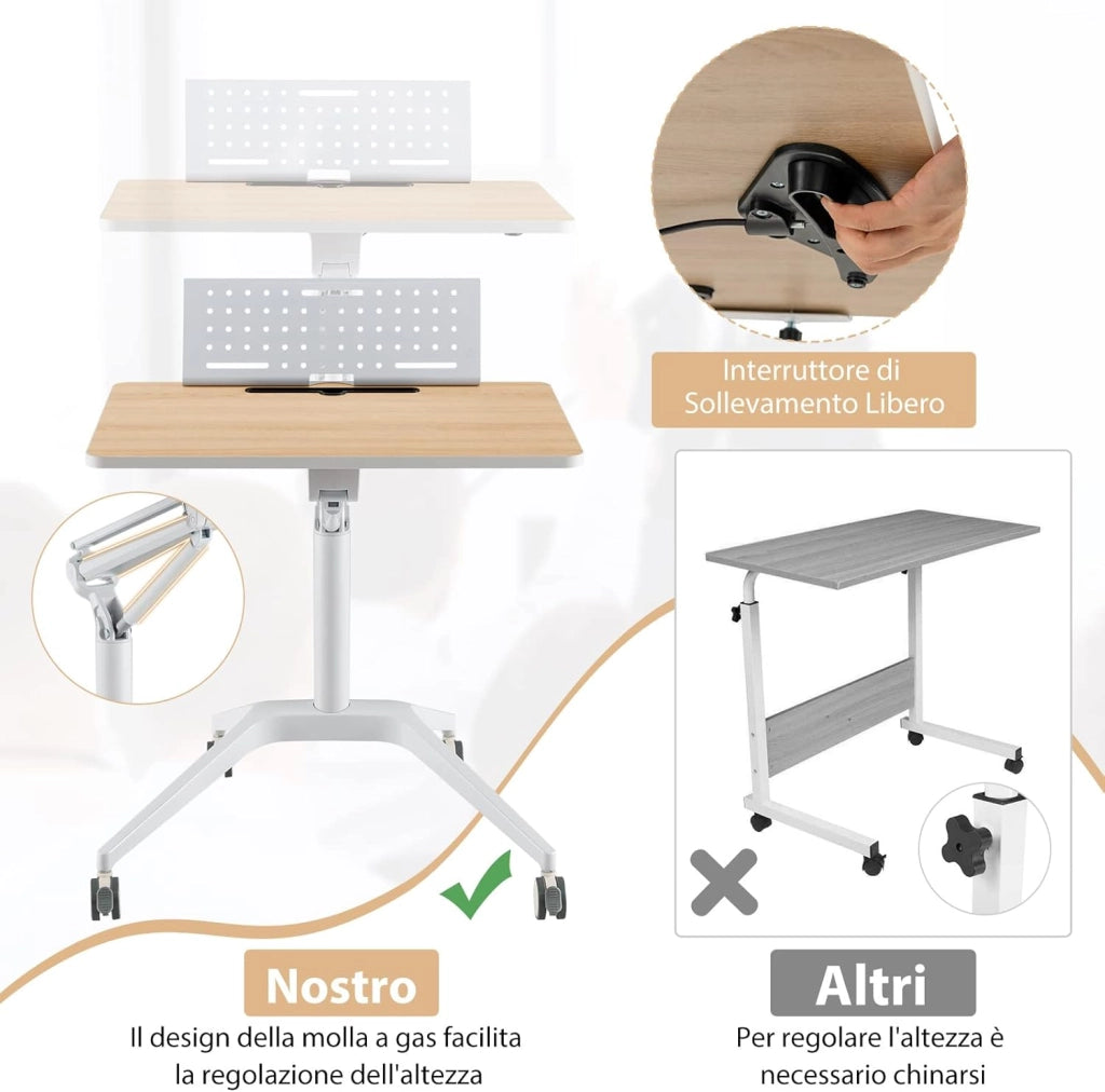 Scrivania Regolabile in Altezza, Tavolino da Letto e Divano con Supporto Rimovibile e sistema di sollevamento, Tavolino per Ospedale, Ufficio e Casa, Portata 45 kg