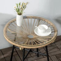 Tavolino da Giardino Rotondo Stile Boho in Rattan PE e Vetro, Ø50x50cm, Beige
