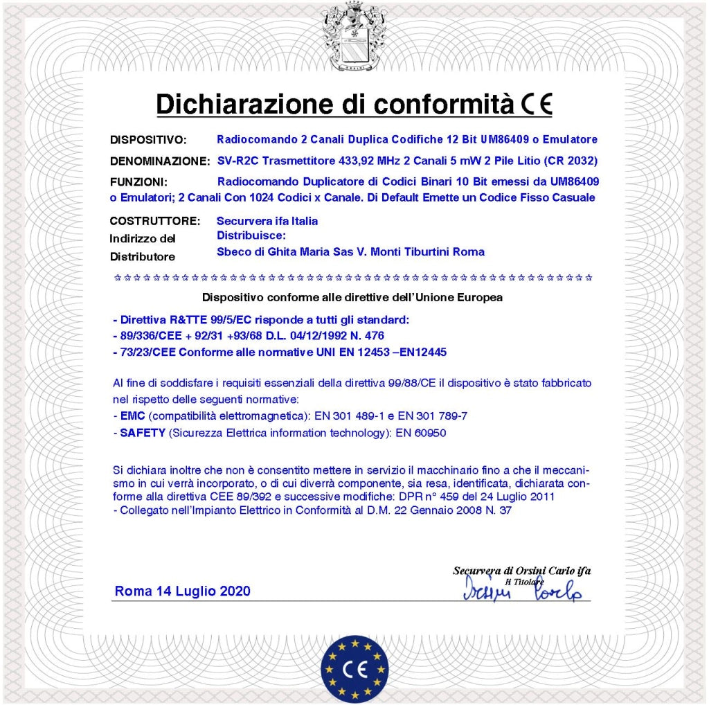 Telecomando 2 Canali 2 Pezzi Freq. 433,92 MHz Potenza 5 mW Portata Aria Libera 60/100 MT Codice di Sicurezza 10 Bit Selezione da 2 Pulsanti Duplica i Radiocomandi UM86409 o Emulatori Batteria CR2032