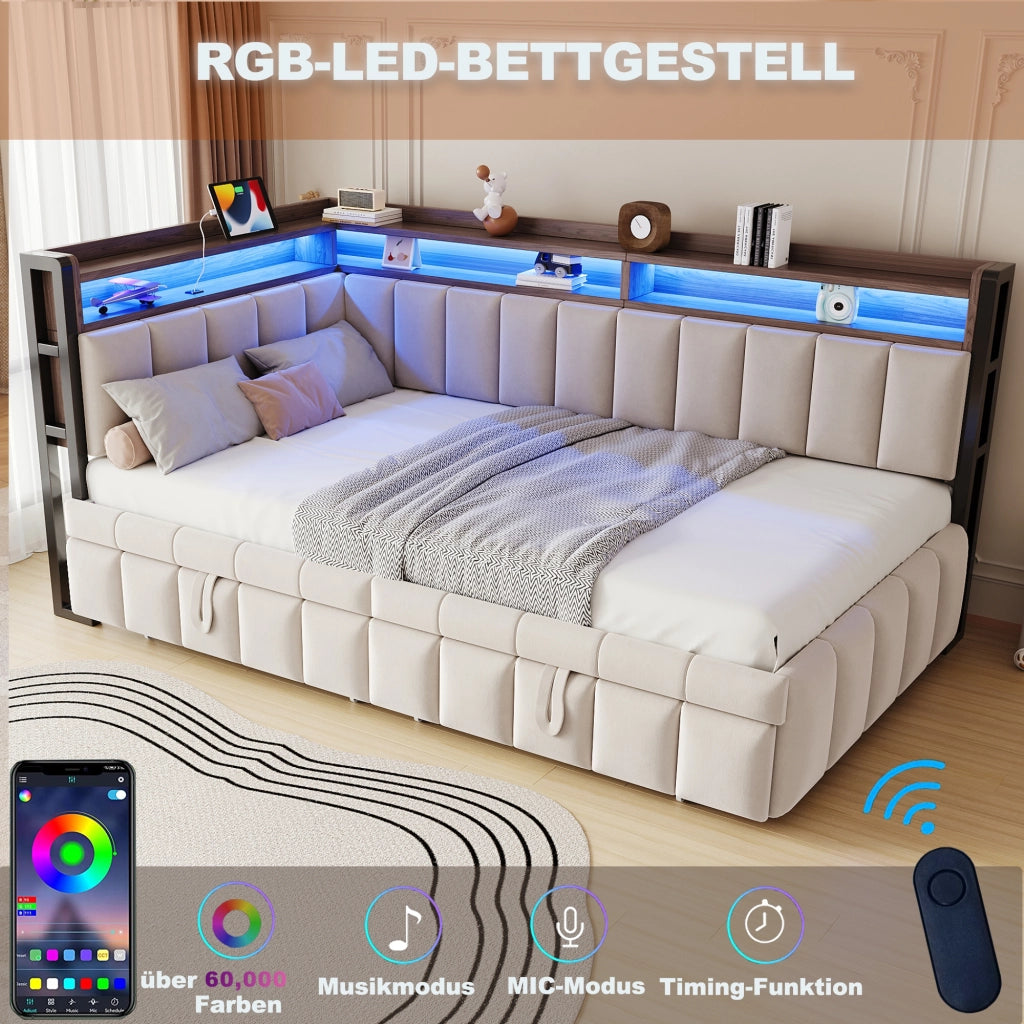 Letto estraibile singolo 90×200 cm con LED; ripiani; USB e Type-C; senza materasso; tessuto; beige