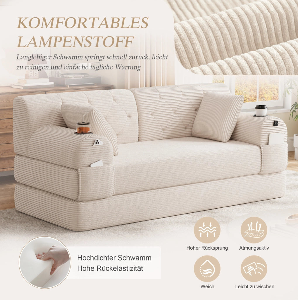 Divano letto in velluto a coste beige con tasche e portabicchieri