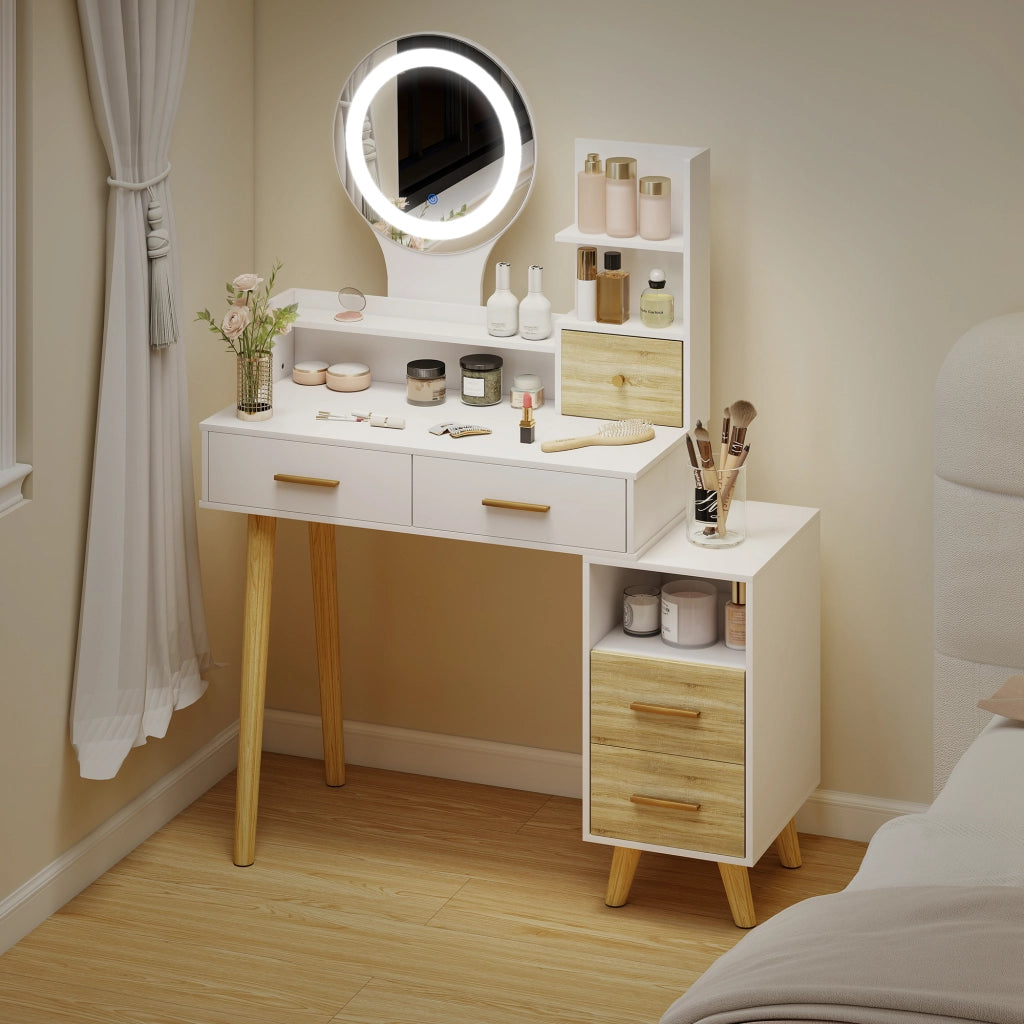 Tocador con Specchio e Luci LED ¨C zephmum ¨C 100x44x137 cm Bianco e Naturale
