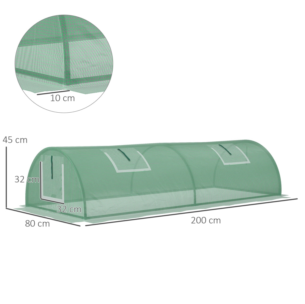 Mini serra da esterno verde 200 x 80 x 45 cm con 4 finestre in rete
