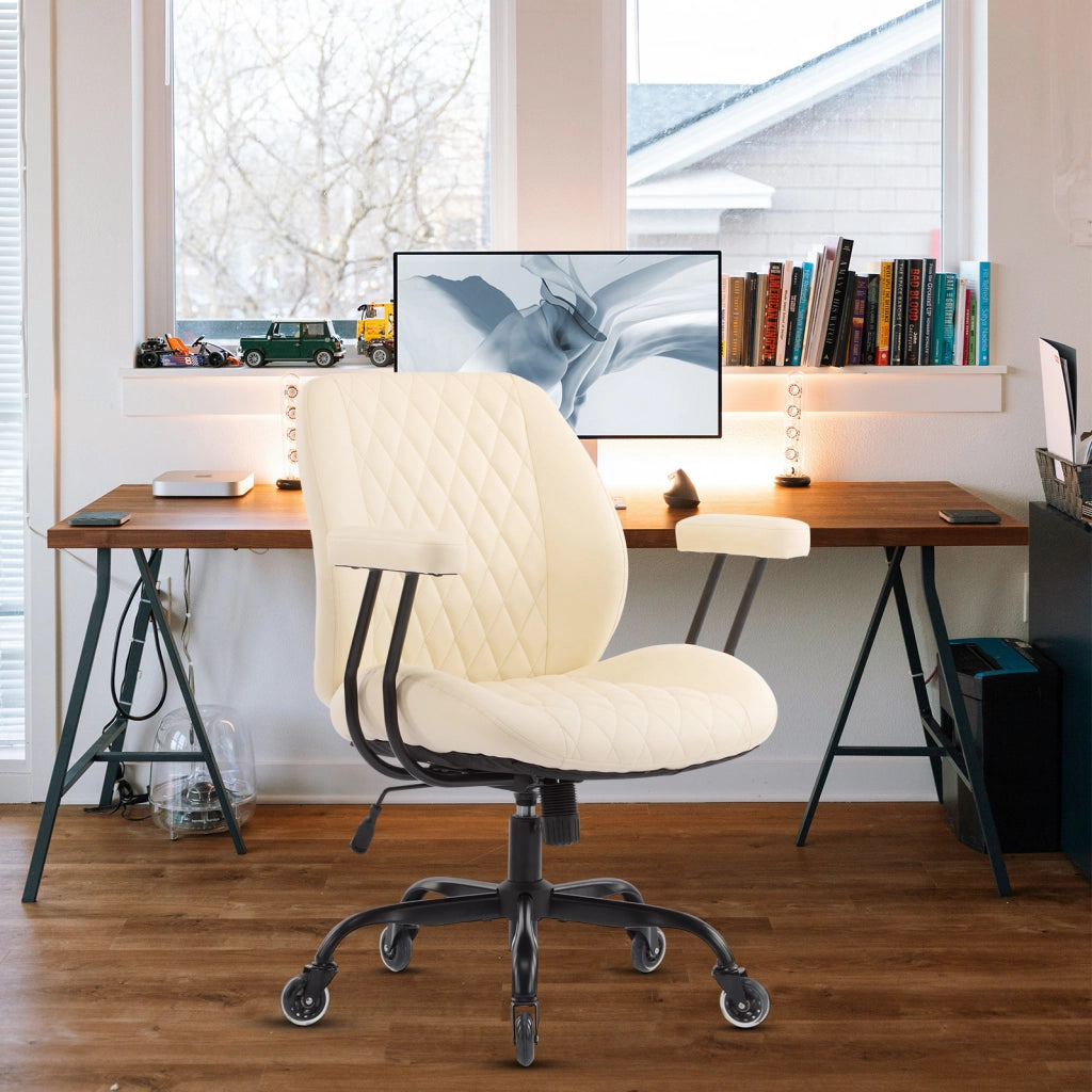 Sedia ufficio ergonomica in pelle bianca; seduta 22 pollici; con ruote e braccioli removibili