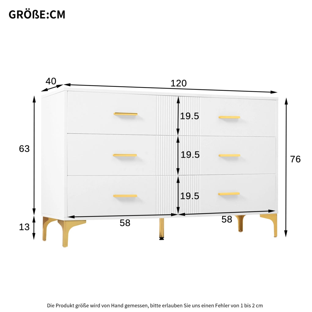 Cassettiera a 6 cassetti in MDF bianca; 120 x 40 x 76 cm