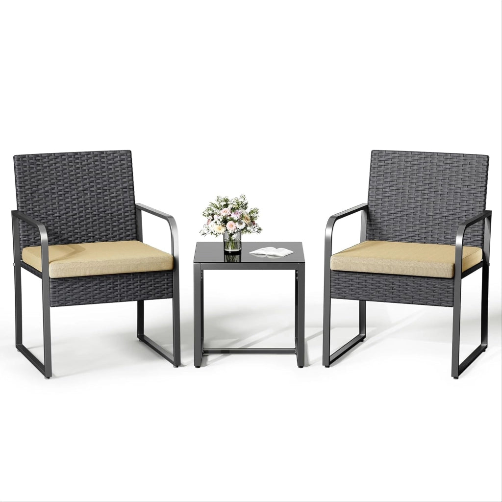 Set Giardino in Rattan per 2 Persone, Mobili da Esterno in Vimini con Cuscini, Tavolino e 2 Sedie per Terrazza, Balcone, Giardino o Piscina (beige)