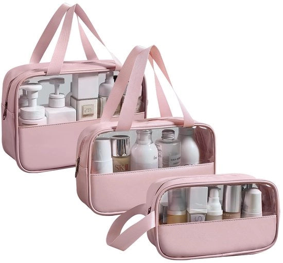 Borsa Cosmetica Transparente 3 Pezzi, Borsa Toilette Idrorepellente in PVC per Donna, Borsa Cosmetici Leggera per Viaggio (Rosso)