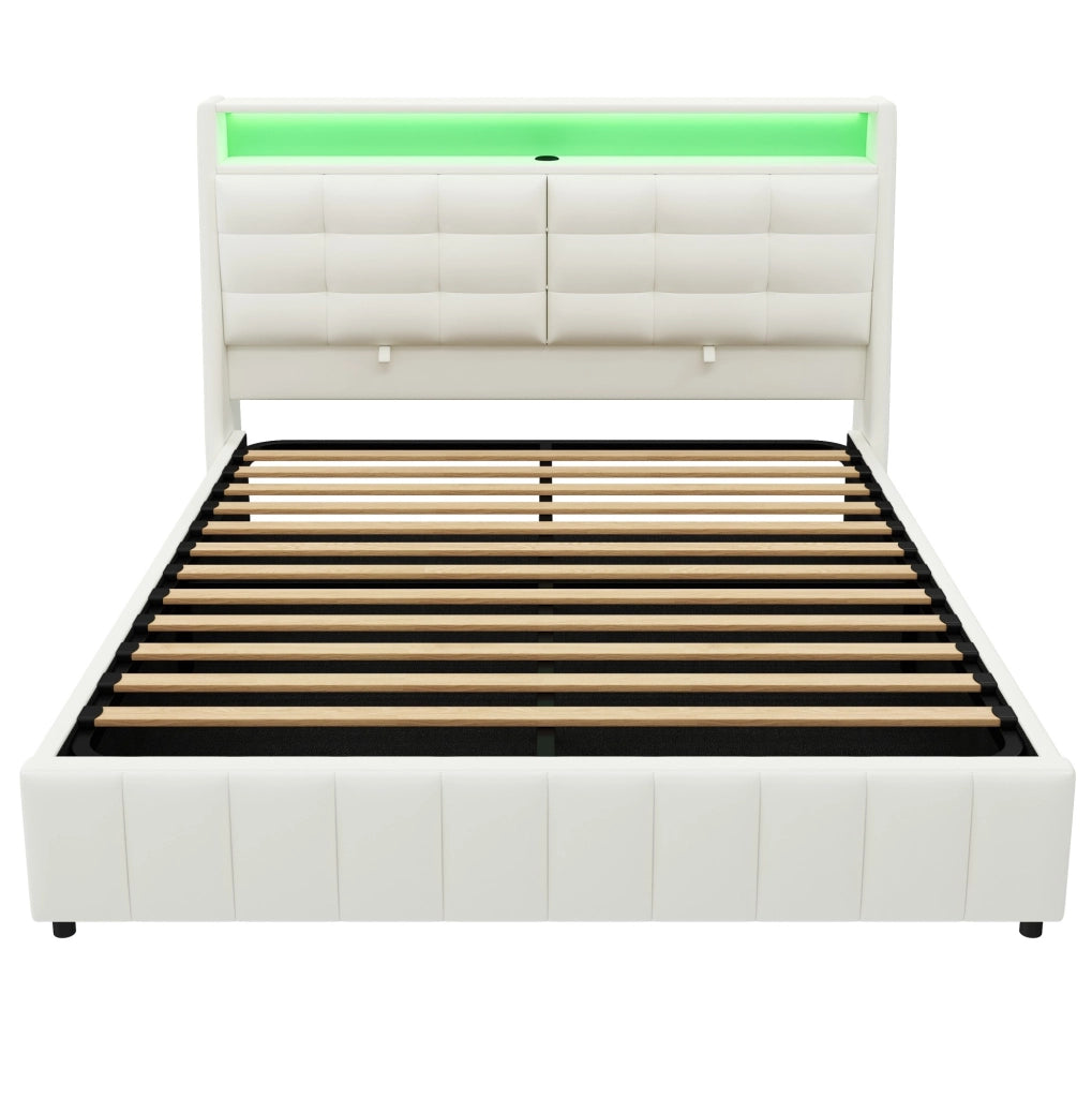 Letto piattaforma matrimoniale 160x200 cm con LED; USB; contenitore e testiera regolabile; bianco