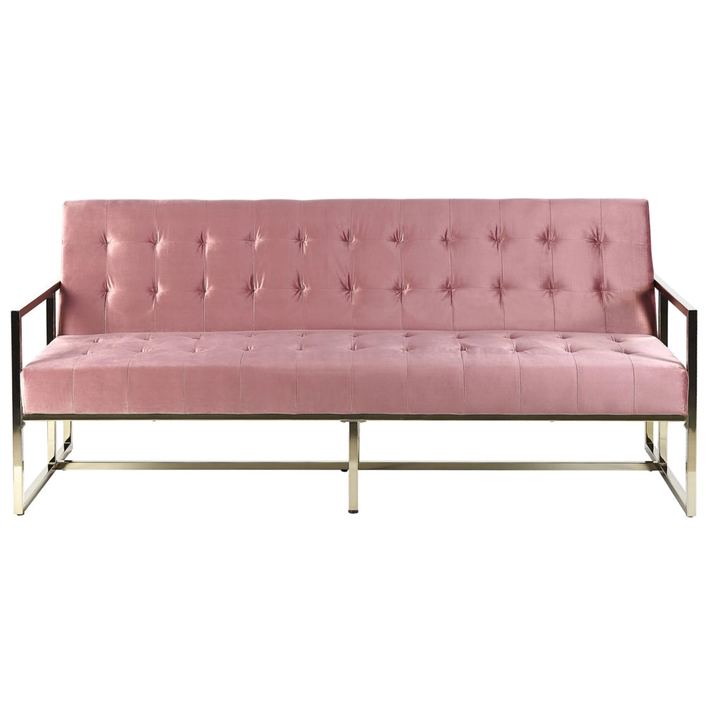 Divano letto con struttura in metallo dorato trapuntato in velluto rosa tappezzeria in stile retrò soggiorno