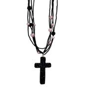 Collana da donna con croce in strass neri e cristalli, girocollo a pi¨´ strati con perline.
