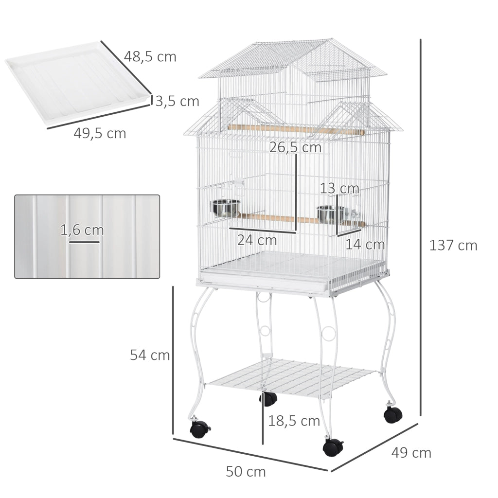 Gabbia per Uccelli Grande con Ruote e Ripiano ¨C zephmum ¨C 50x49x137 cm Bianco
