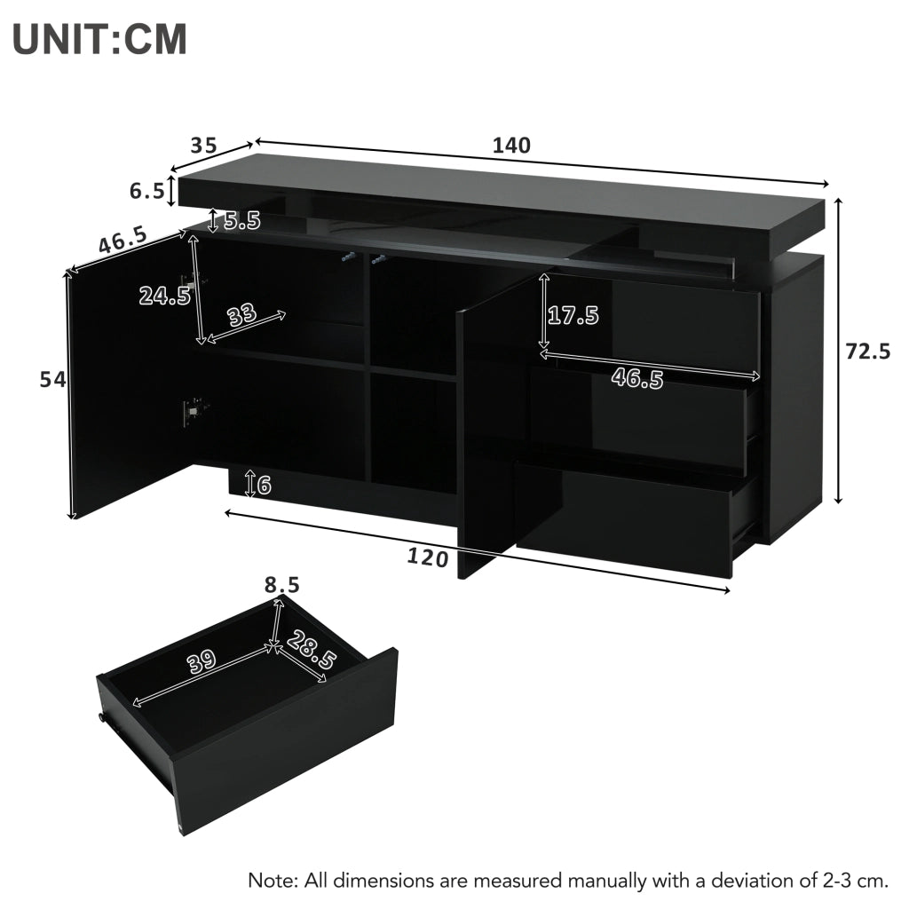 Credenza con 2 ante e 3 cassetti; illuminazione LED - per soggiorno - 140x35x72.5 cm - nera