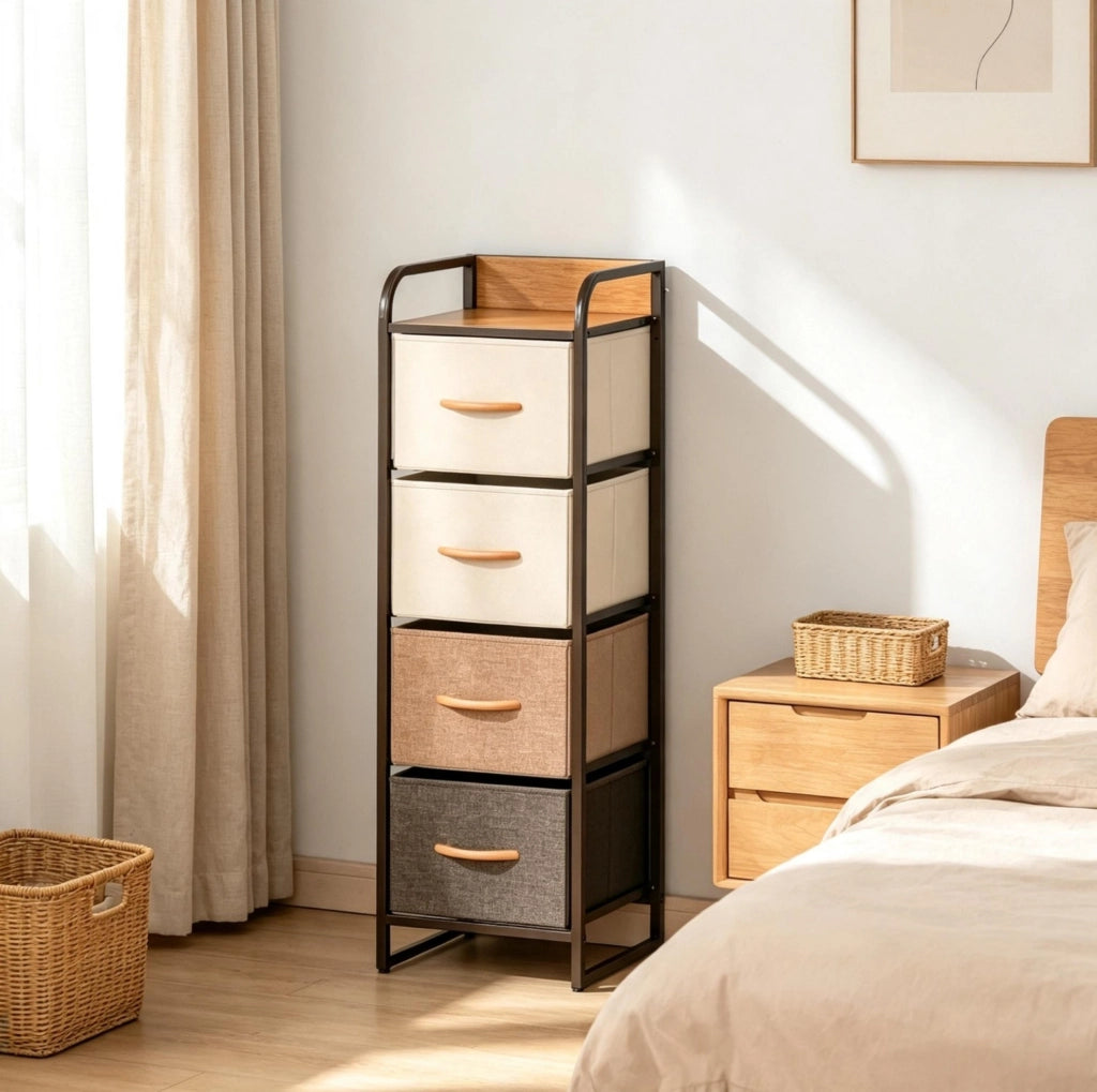 Cassettiera stretta con 4 cassetti in tessuto; MDF e acciaio; beige e marrone