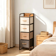 Cassettiera stretta con 4 cassetti in tessuto; MDF e acciaio; beige e marrone