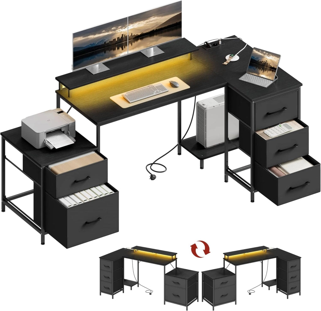 Scrivania Angolare 180x80x84 cm con 5 Cassetti e 2 Ripiani, Scrivania per Computer a L con LED, 2 Prese, 1 Porta USB e 1 Porta Type-C, per Ufficio, Gioco, Studio, Marrone Rustico