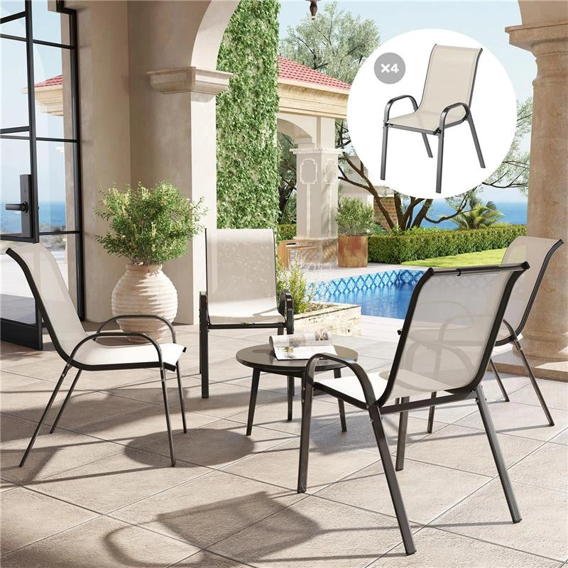 SET 4 SEDIE DA GIARDINO IMPILABILI CON BRACCIOLI CURVI, IN ACCIAIO E TESSUTO TRASPIRANTE, 54X71X93 CM, BEIGE