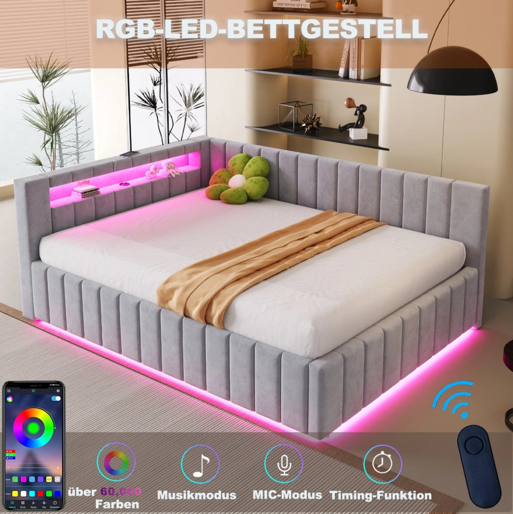 Letto imbottito 140x200 cm con contenitore idraulico; LED e USB; velluto grigio