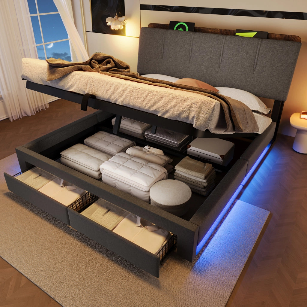 Letto imbottito 140x200 cm con contenitore, USB, LED e testiera con vani