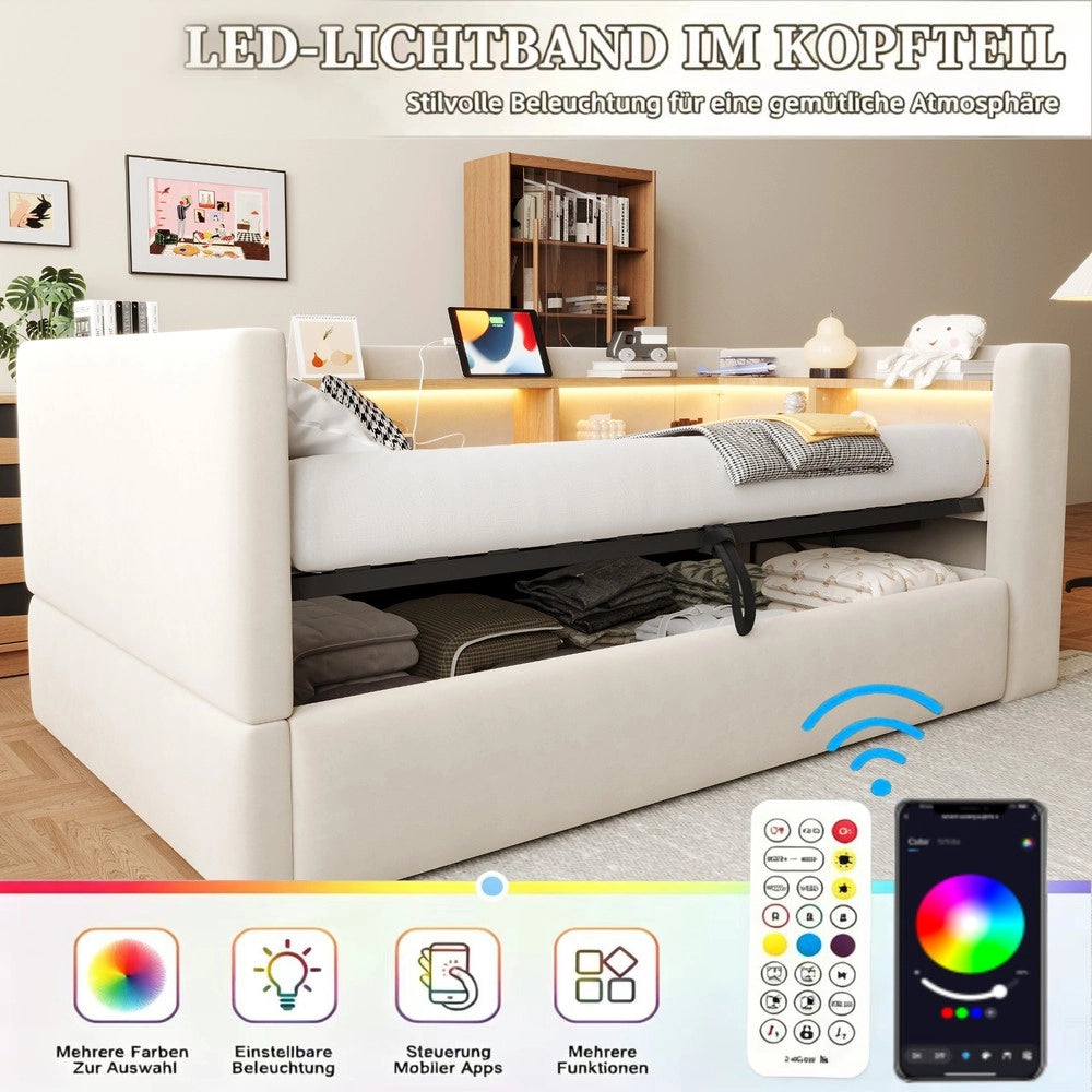 Letto imbottito contenitore singolo ¨C Minimal ¨C Beige 90x190cm con LED