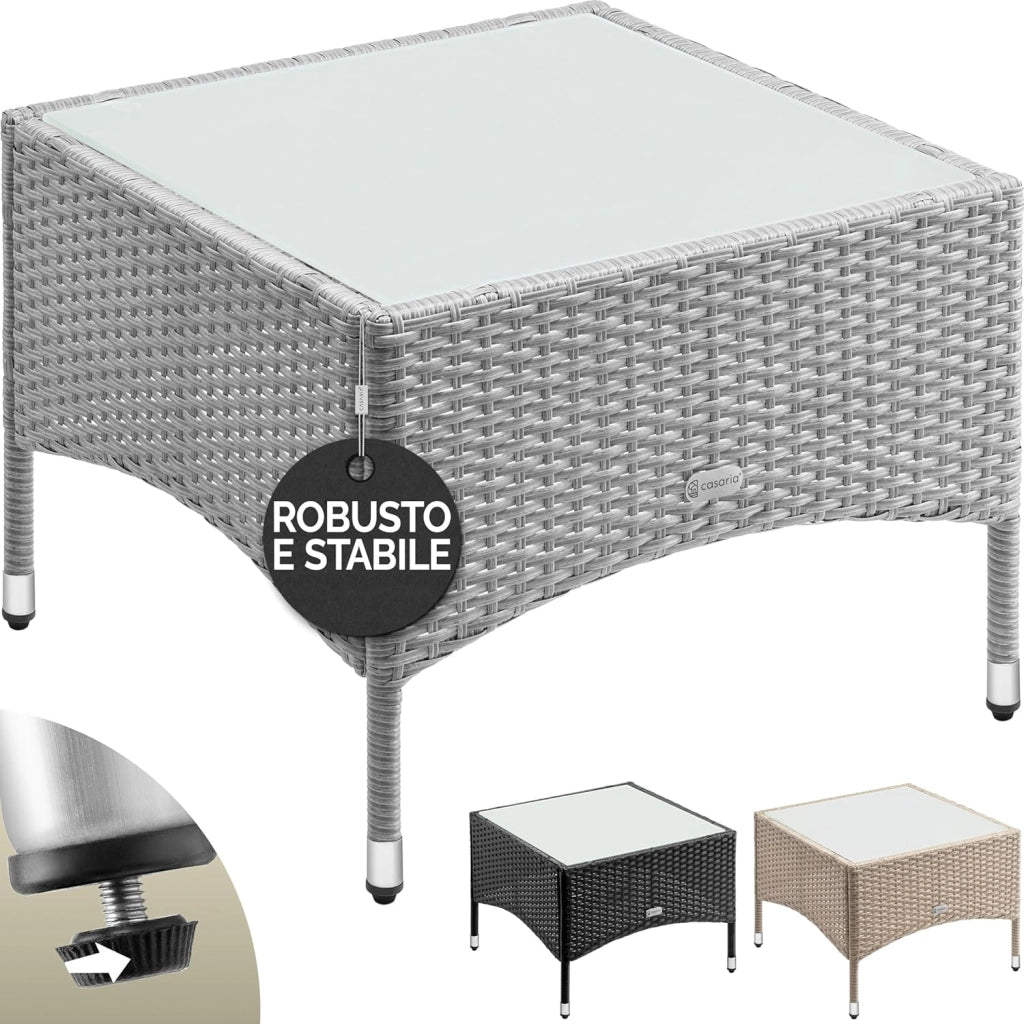 ® Tavolino da Giardino Esterno in Polyrattan 58x58x42cm Piano in Vetro Tavolo Basso da Caffè Quadrato Poggiapiedi